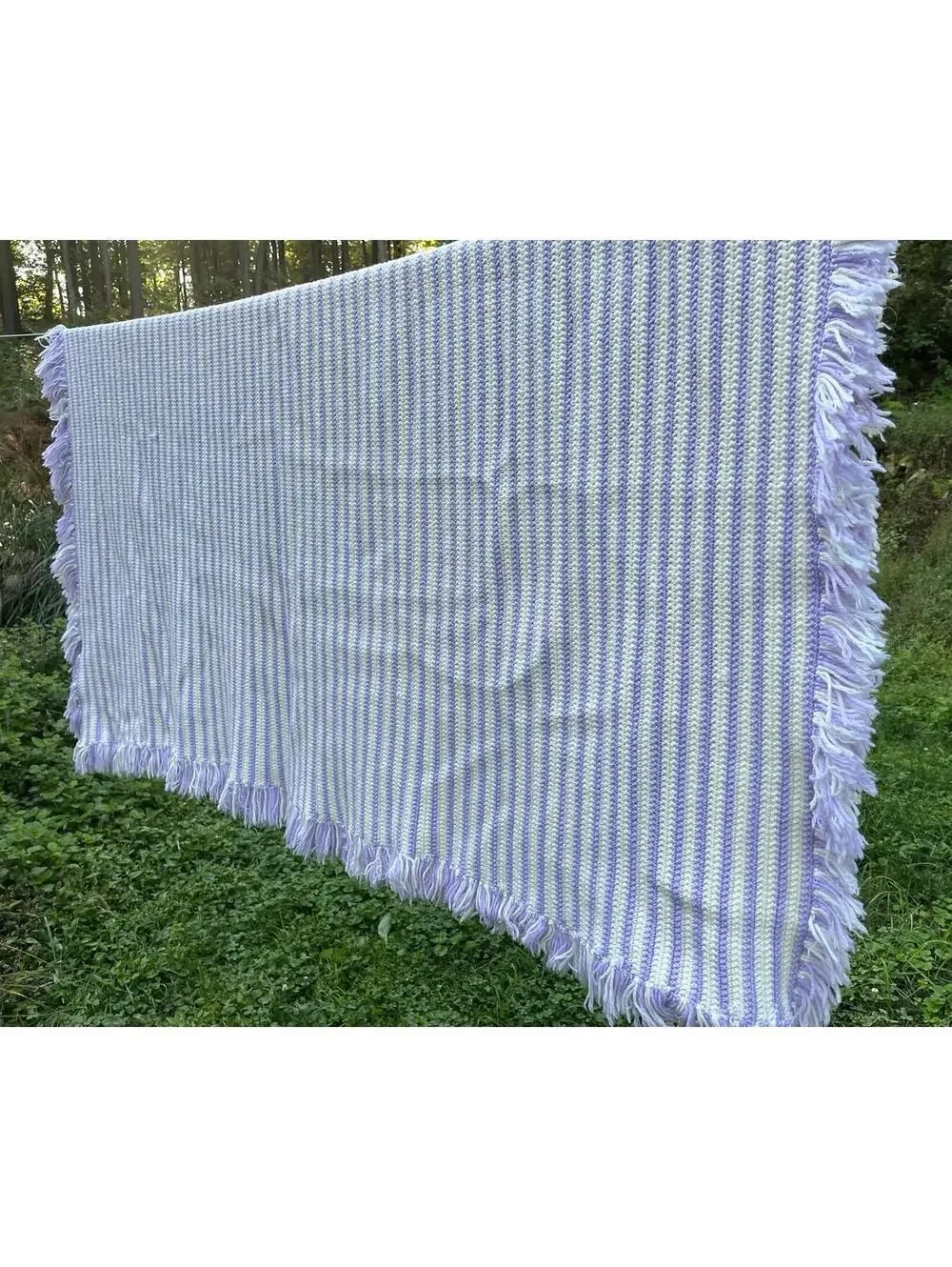 72x80” White Pastel Purple Striped Fringe Crocheted Handmade Afghan